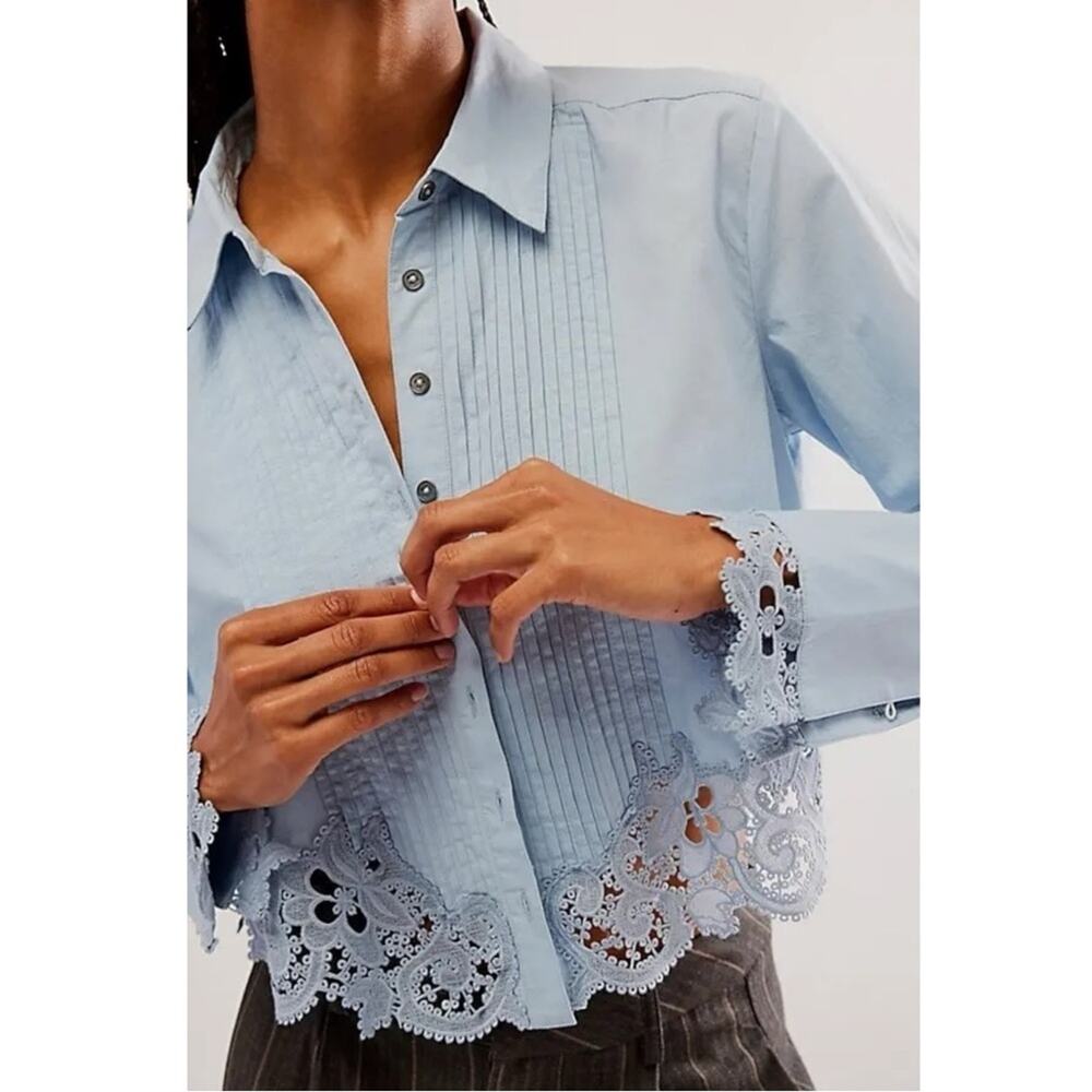 Free People XL Dainty Cottage Crochet Lace Hooked On You Top Shirt Glacial Blue